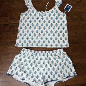 Roller Rabbit White Tank & Teal Floral Print with Navy Trim